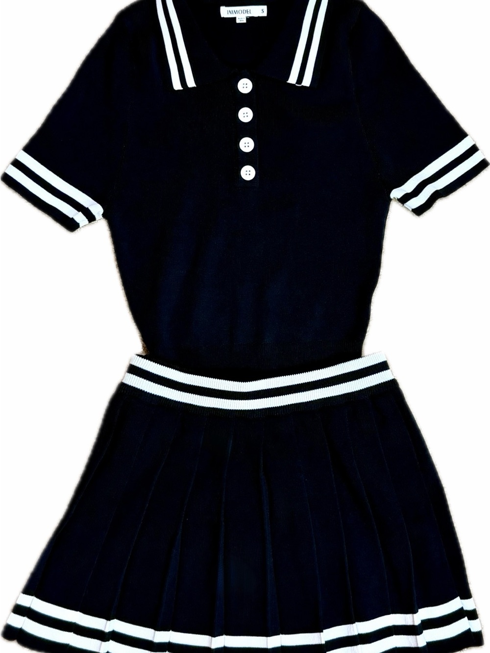 Black Knit Sweater 2 pc Polo Style Shirt w Mini Skirt Small Black White Stripes